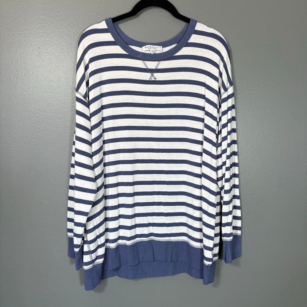 Workshop Blue & White Striped Retro Style Sweatshirt - 1X - Women's Plus Size